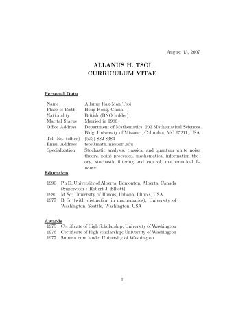 allanus h. tsoi curriculum vitae - Department of Mathematics ...