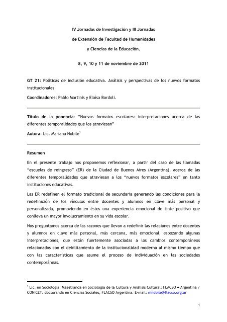 Mariana Nobile ““Nuevos formatos escolares - Facultad de ...