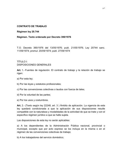 CONTRATO DE TRABAJO Régimen ley 20.744 Régimen. Texto ...