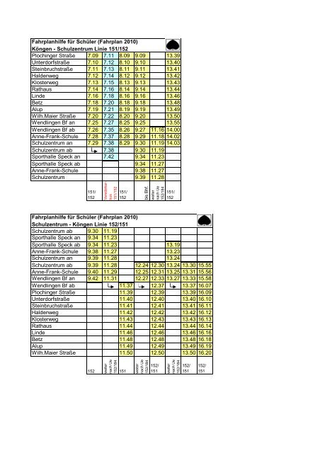 Fahrplanhilfen Schüler - RBG Wendlingen
