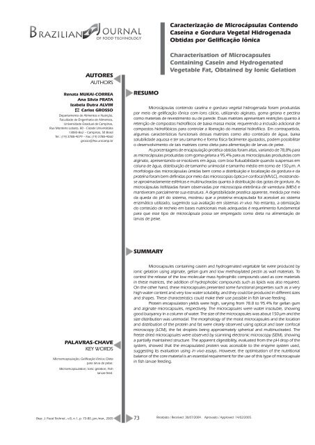 Caracterização de Microcápsulas Contendo Caseína e ... - Ital