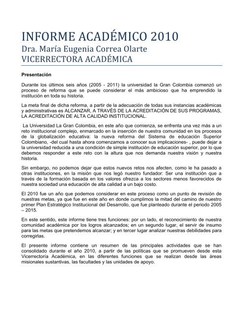 Informe Academico 2010 Universidad La Gran Colombia