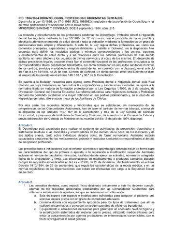 R.D. 1594/1994 ODONTOLOGOS, PROTESICOS E HIGIENISTAS ...