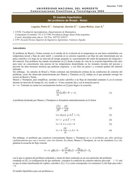 El modelo hiperbólico del problema de Brazel - Nolan t U x U ...