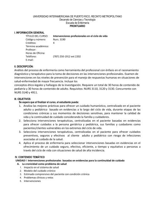 NURS 3190 Intervenciones Profesionales en el Ciclo de Vida