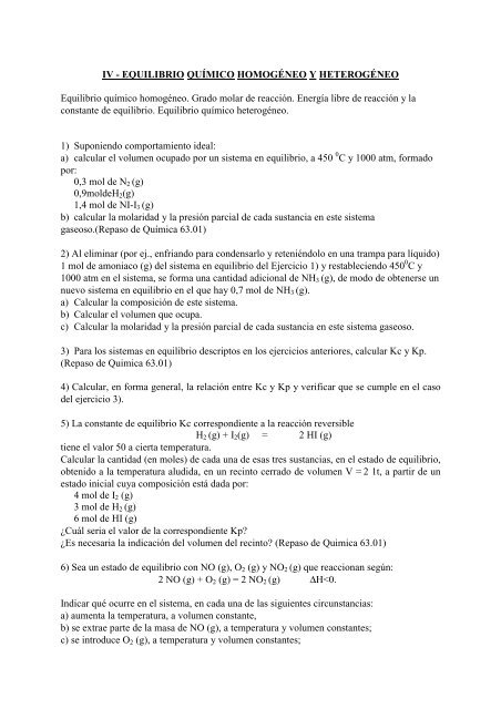 IV - EQUILIBRIO QUÍMICO HOMOGÉNEO Y HETEROGÉNEO