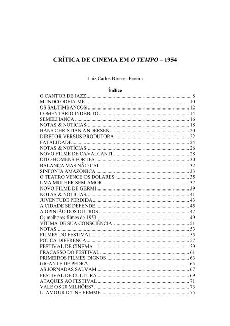 CRÍTICA DE CINEMA EM O TEMPO – 1954 - Bresser Pereira