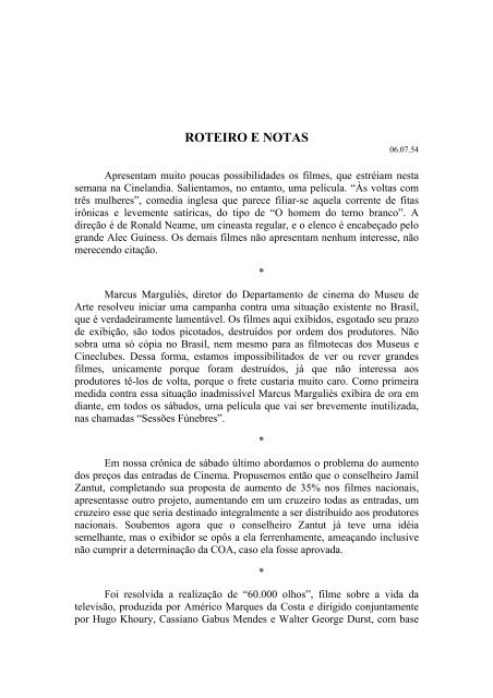 CRÍTICA DE CINEMA EM O TEMPO – 1954 - Bresser Pereira