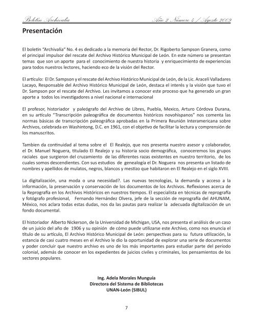 Boletín Archivalía Año 2 Número 4 / Agosto 2009 - UNAN-León