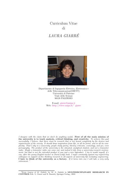Curriculum Vitae di LAURA GIARRE - Università di Palermo