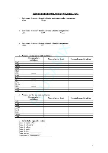 8 EJERCICIOS DE FORMULACIÓN Y NOMENCLATURA 1 ...