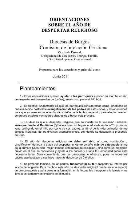 Orientaciones diocesanas "Despertar religioso"