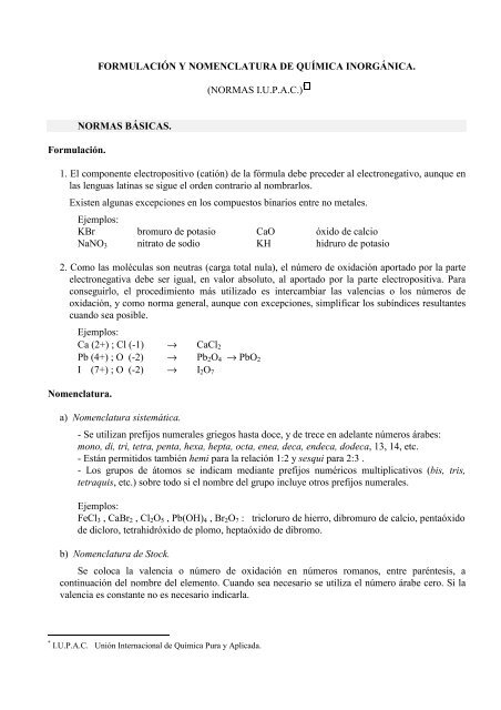 Formulación y Nomenclatura de Química Inorgánica