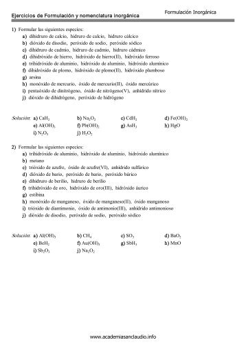 Ejercicios de Formulación y nomenclatura inorgánica 1) Formular ...