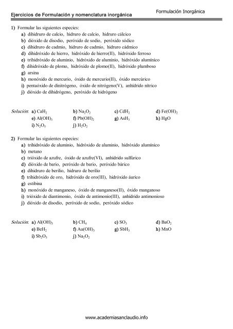 Ejercicios de Formulación y nomenclatura inorgánica 1) Formular ...