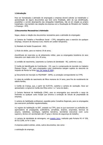 1.Introdução Para ser formalizada a admissão do empregado a ...