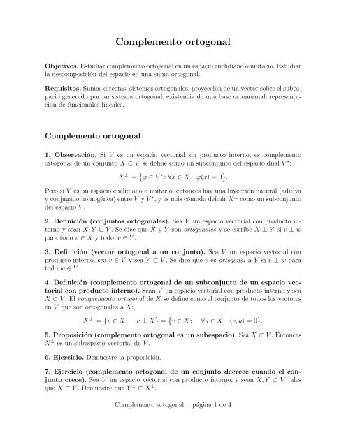 Complemento ortogonal Egor Maximenko, Apuntes y ejercicios de