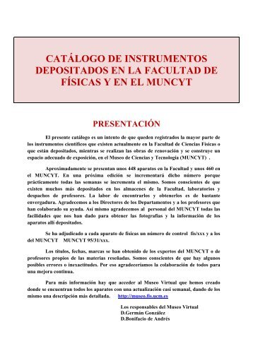 CATÁLOGO de Instrumentos depositados en la Facultad de