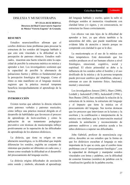Dislexia Y Musicoterapia Conservatorio Superior De Musica