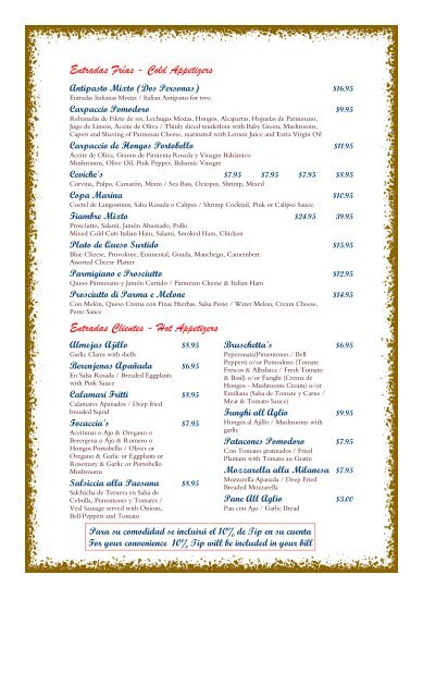 Menu - Hotel Valle del Rio Boquete