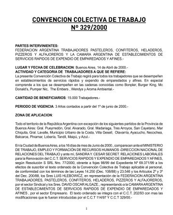 CONVENCION COLECTIVA DE TRABAJO Nº 329/2000 - Pasteleros