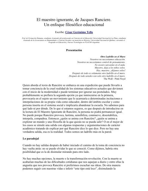 El maestro ignorante, de Jacques Ranciere. Un enfoque ... - Inicio