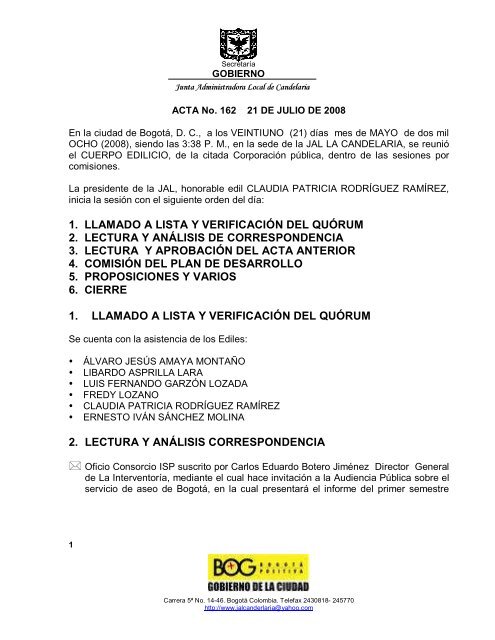 1. llamado a lista y verificación del quórum 2. lectura y análisis de ...