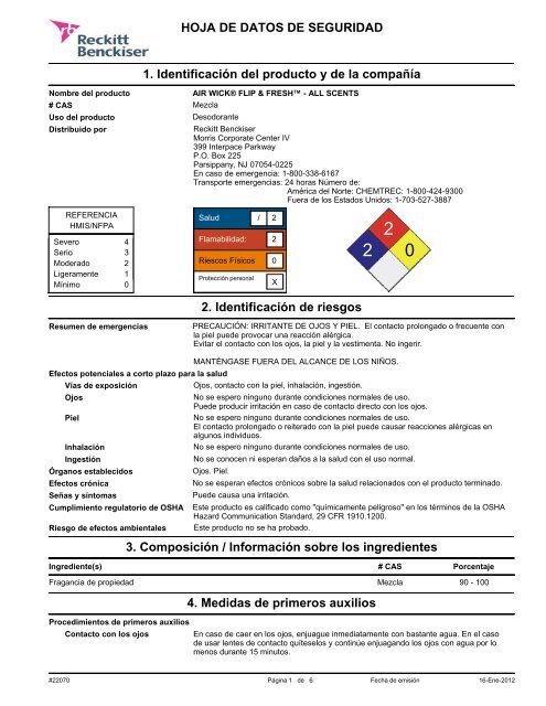 HOJA DE DATOS DE SEGURIDAD 1. Identificación del producto y ...