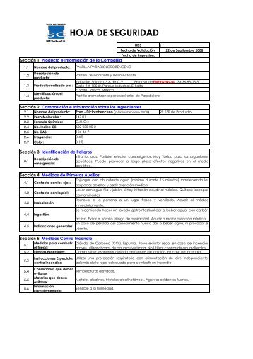 HOJA DE SEGURIDAD PARADICLORO - Robles Pack