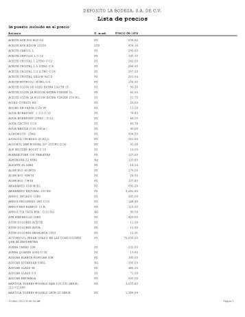 Lista de precios - Deposito La Bodega, S.A. De C.V.