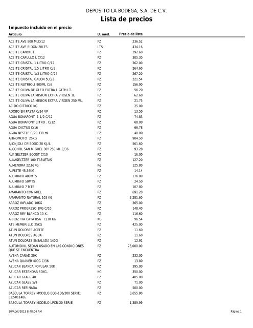 Lista de precios - Deposito La Bodega, S.A. De C.V.