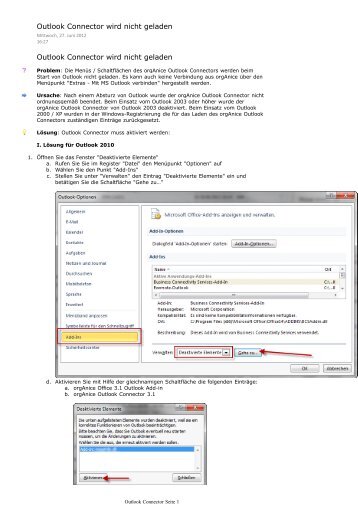 Outlook Connector wird nicht geladen - orgAnice