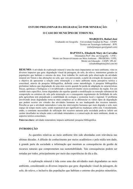 ESTUDO PRELIMINAR DA DEGRADACAO POR MINERACAO - Uespi