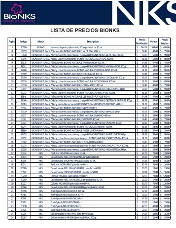 LISTA DE PRECIOS BIONKS 2012