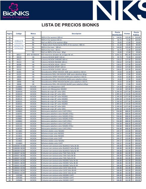 LISTA DE PRECIOS BIONKS 2012