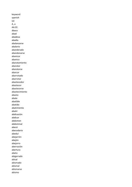 keyword spanish (a) A, a AA.EE. ábaco abad abadesa abadía ...