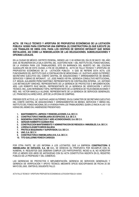 Acta Fallo Tecnico Licitacion Publica 10 2005 Infonavit