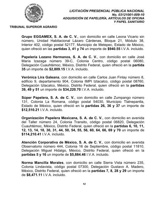 acta de licitacion publica nacional - Tribunal Superior Agrario