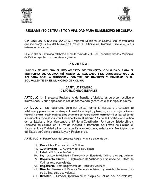 REGLAMENTO DE TRANSITO Y VIALIDAD PARA EL ... - Justia