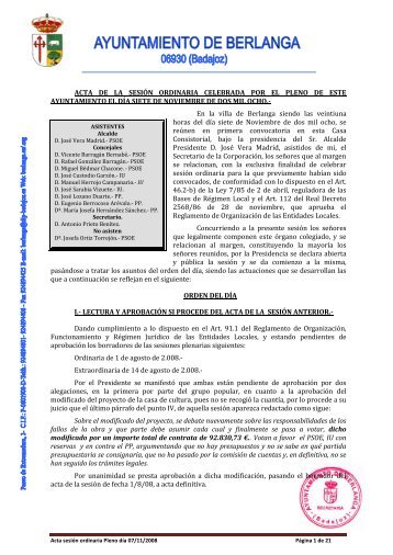 acta pleno ordinario 07/11/008 - Berlanga. - Diputación de Badajoz