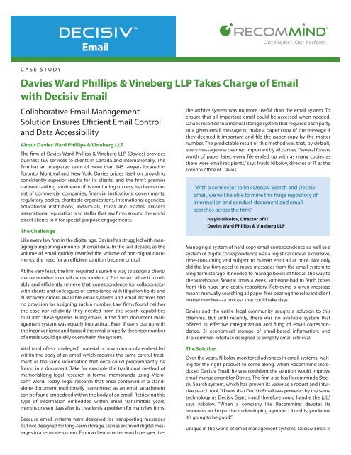 Davies Ward Phillips & Vineberg LLP Takes Charge of ... - Recommind