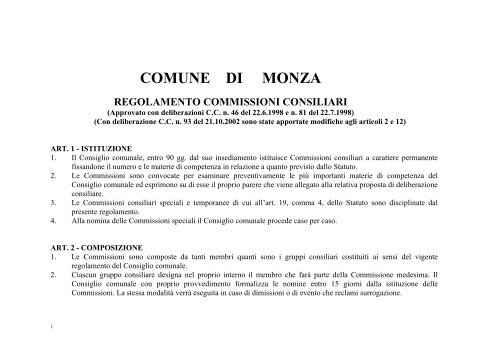 Regolamento Commissioni Consiliari - Comune di Monza