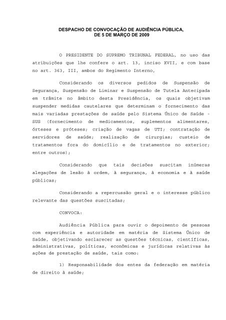Despacho Convocatório - Supremo Tribunal Federal
