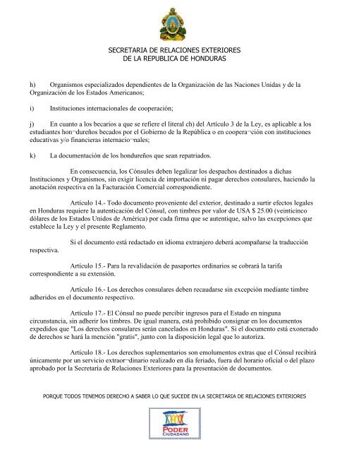 Reglamento de la Ley del Arancel Consular de Honduras