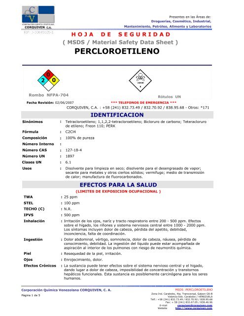 PERCLOROETILENO - Corporación Química de Venezuela