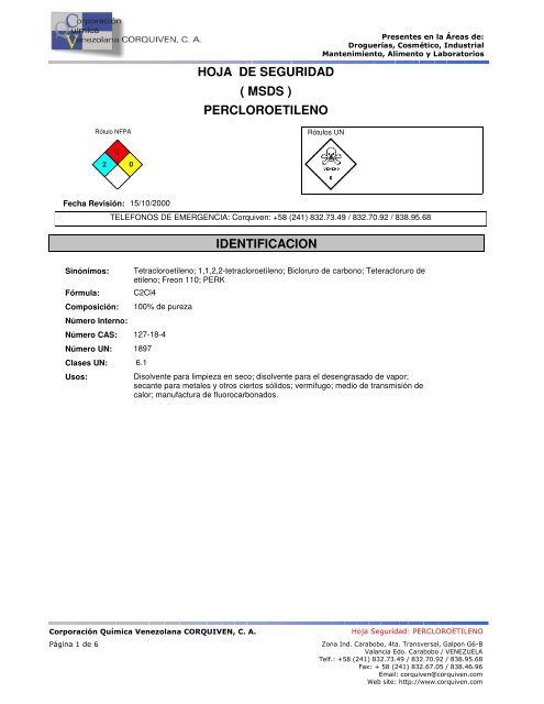 hoja de seguridad percloroetileno ( msds ) identificacion