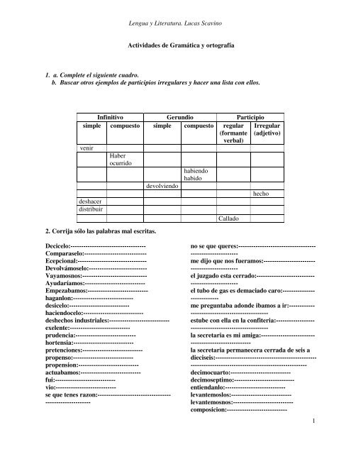 Lengua y Literatura. Lucas Scavino 1 Actividades de Gramática y ...