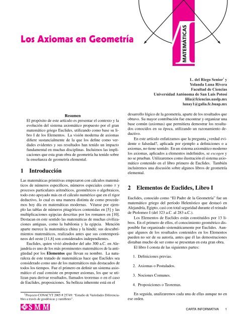 1 Introducción 2 Elementos de Euclides, Libro I - Sociedad ...