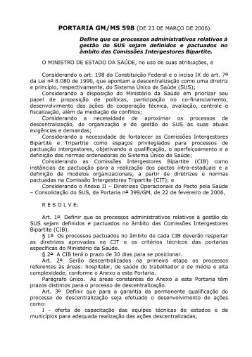 PORTARIA GM/MS 598 (DE 23 DE MARÇO DE 2006)