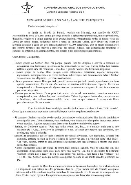 Leia o documento na íntegra. - CNBB